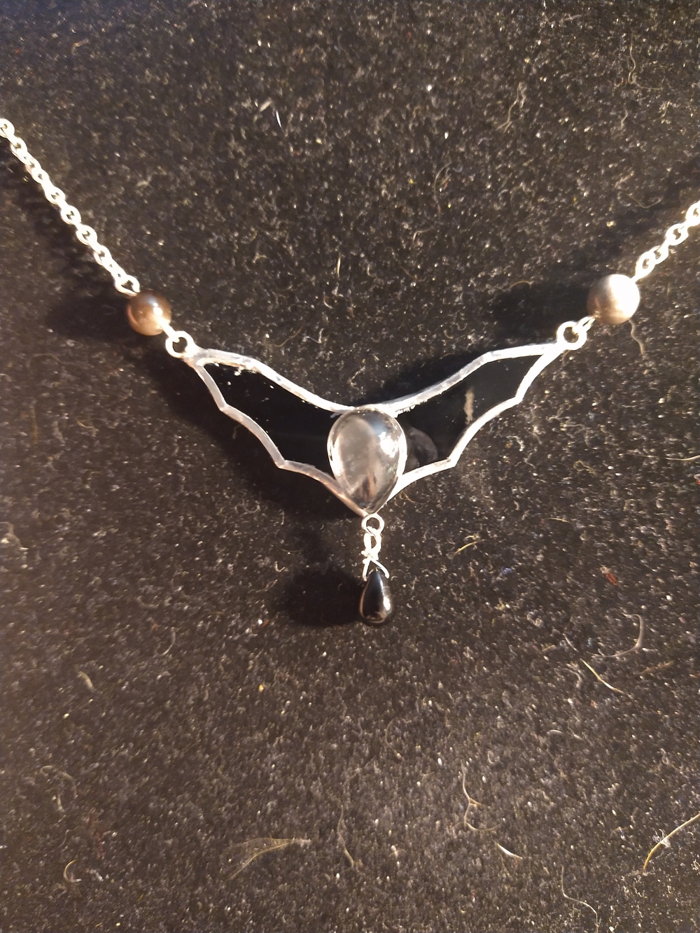 Silver Black Stained Glass Bat Teardrop Bat  Necklace